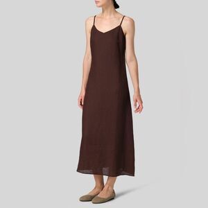 Vivid Chocolate Brown 💯 Linen Midi Slip Dress Large